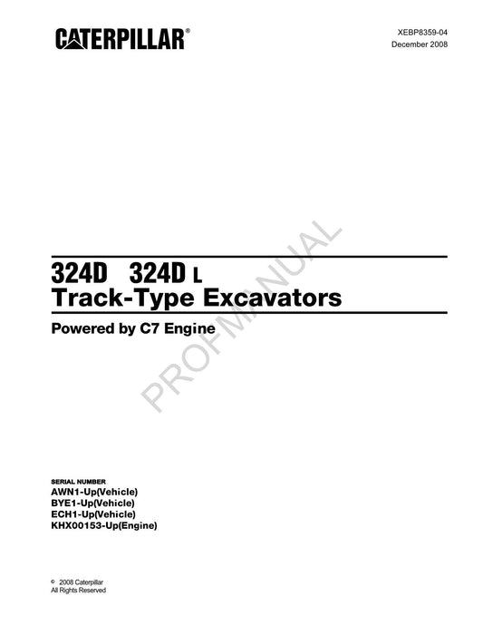 Caterpillar Cat 324D 324D L Track Type Excavator Parts Catalog Manual