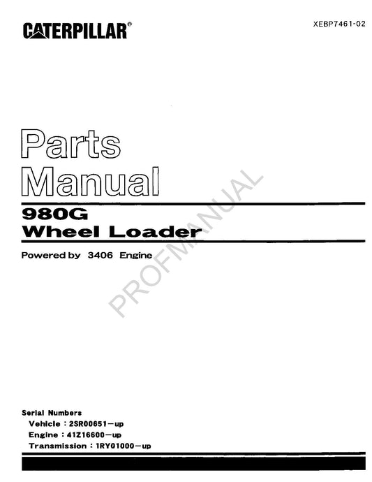 Caterpillar Cat 980G Wheel Loader Parts Catalog Manual XEBP7461