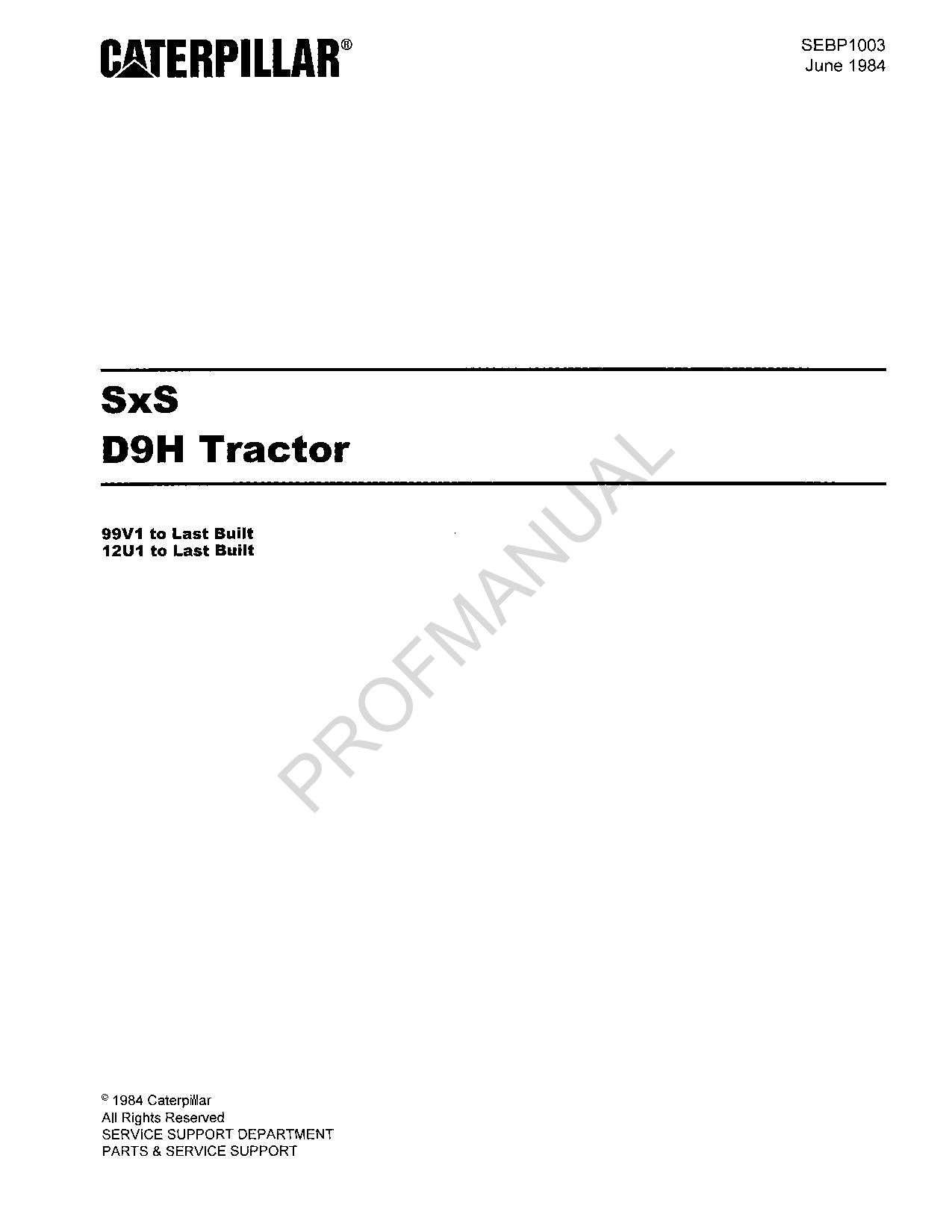 Catalogue de pièces détachées pour tracteur Caterpillar Cat SxS D9H SEBP1003