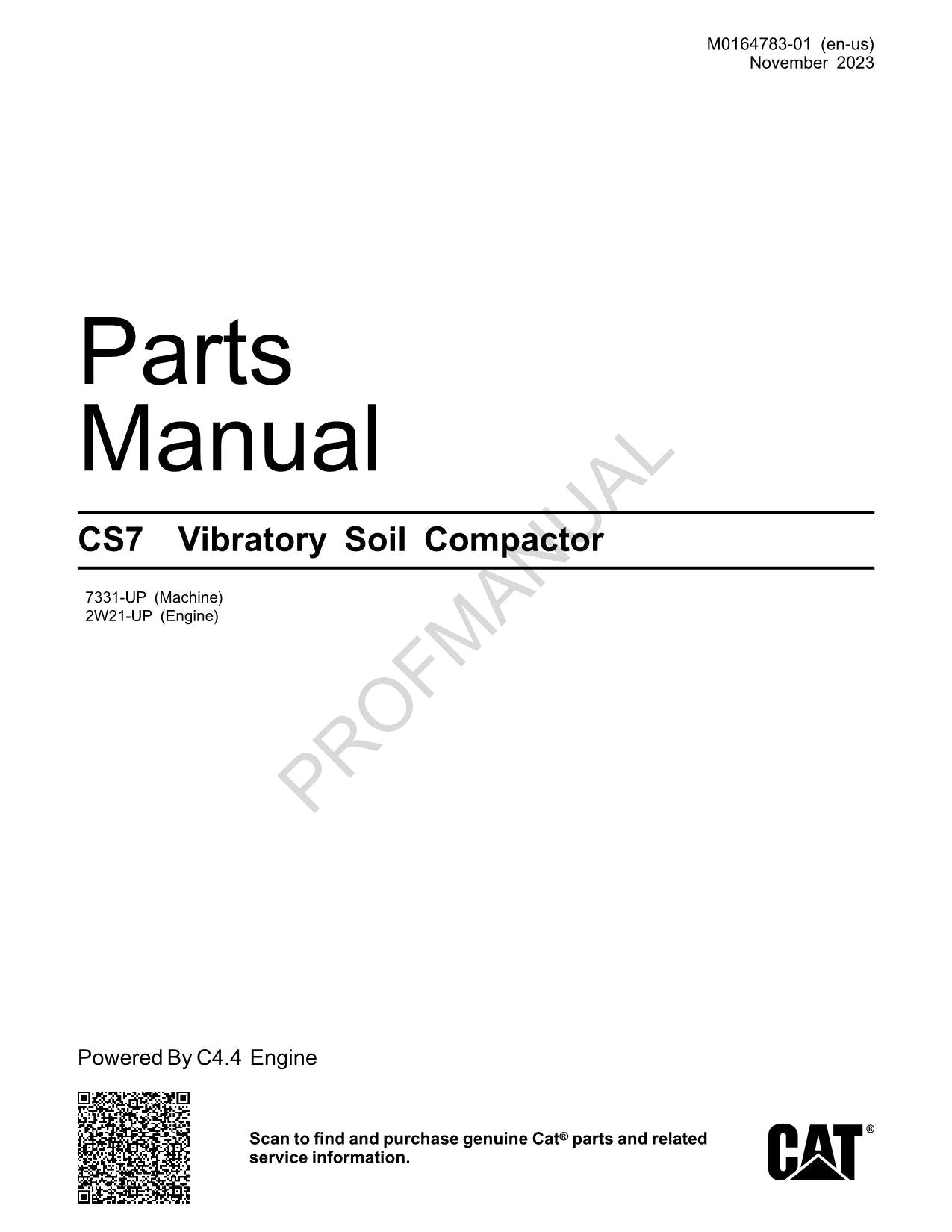 Caterpillar Cat CS7 Vibratory Soil Compactor Parts Catalog Manual M0164783