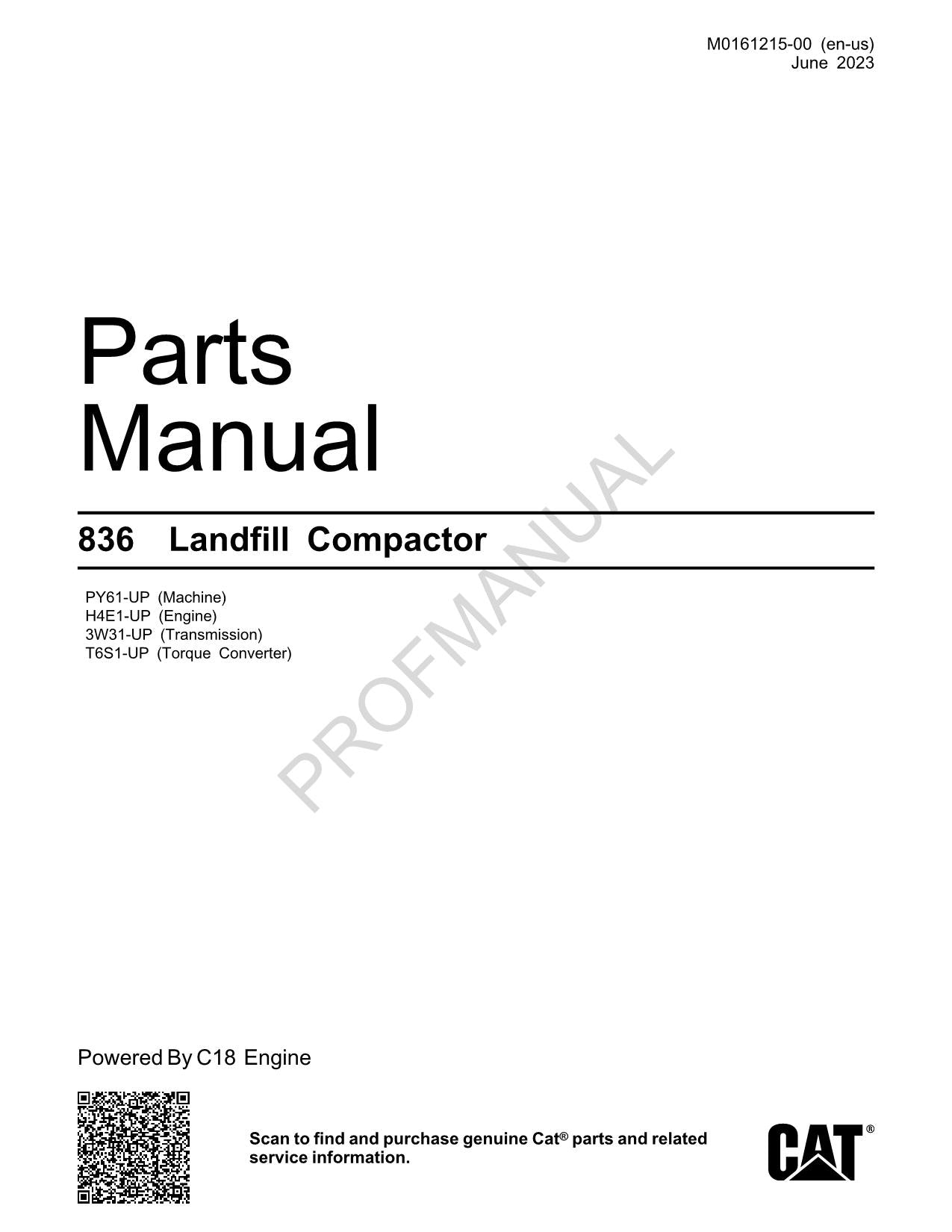 Caterpillar Cat 836 Landfill Compactor Parts Catalog Manual M0161215