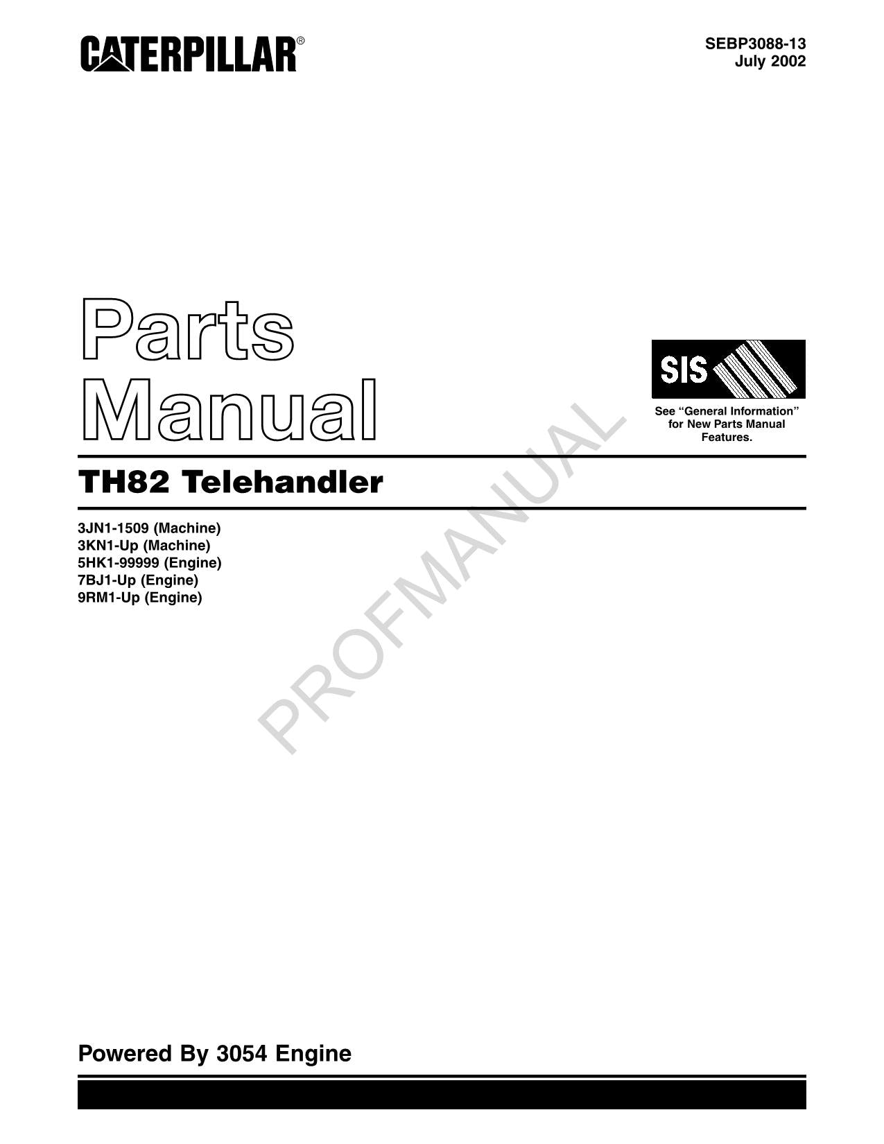 Caterpillar Cat TH82 Telehandler Parts Catalog Manual SEBP3088