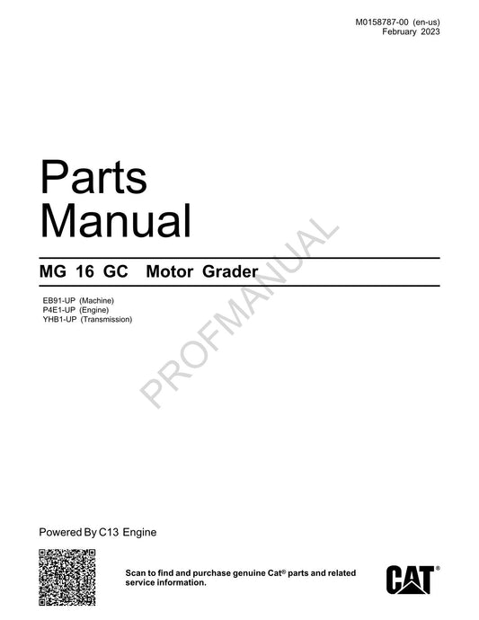 Caterpillar Cat MG 16 GC MOTOR GRADER Parts Catalog Manual M0158787