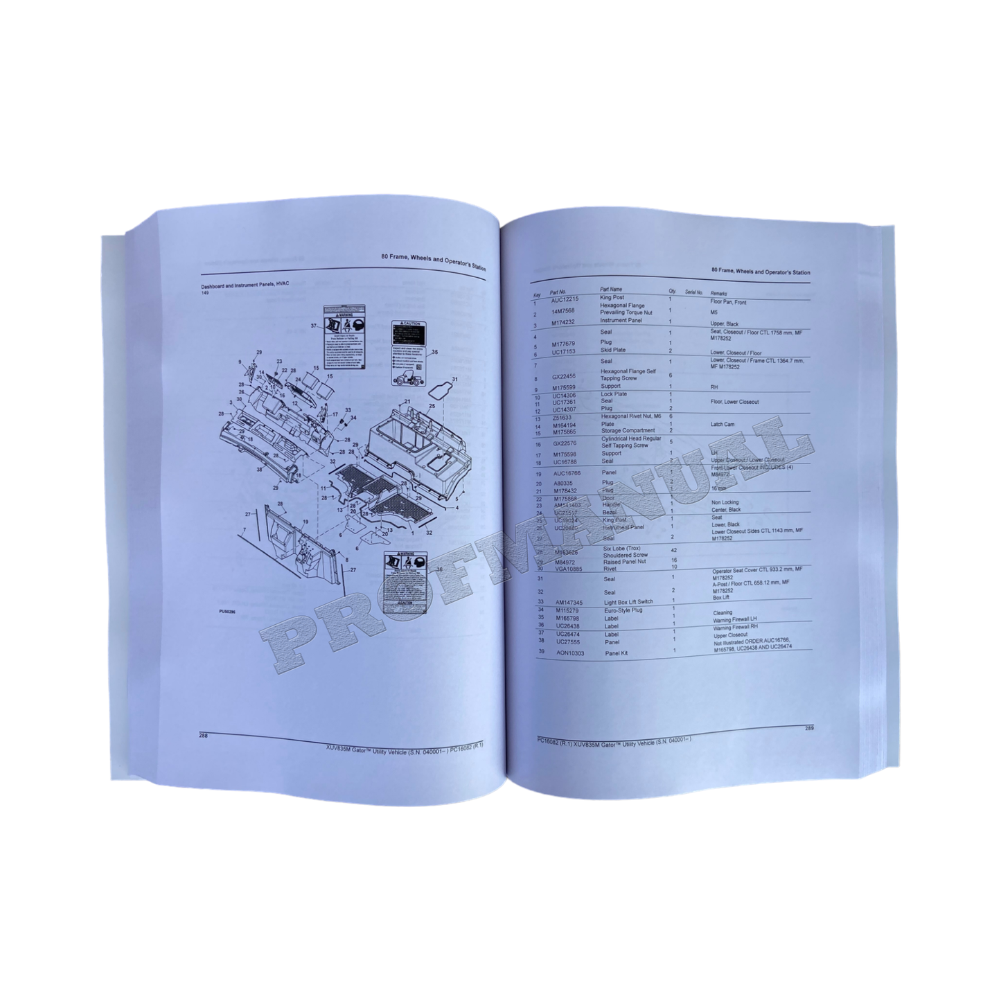 JOHN DEERE XUV835M GATOR UTILITY VEHICLE PARTS CATALOG MANUAL sn 40001