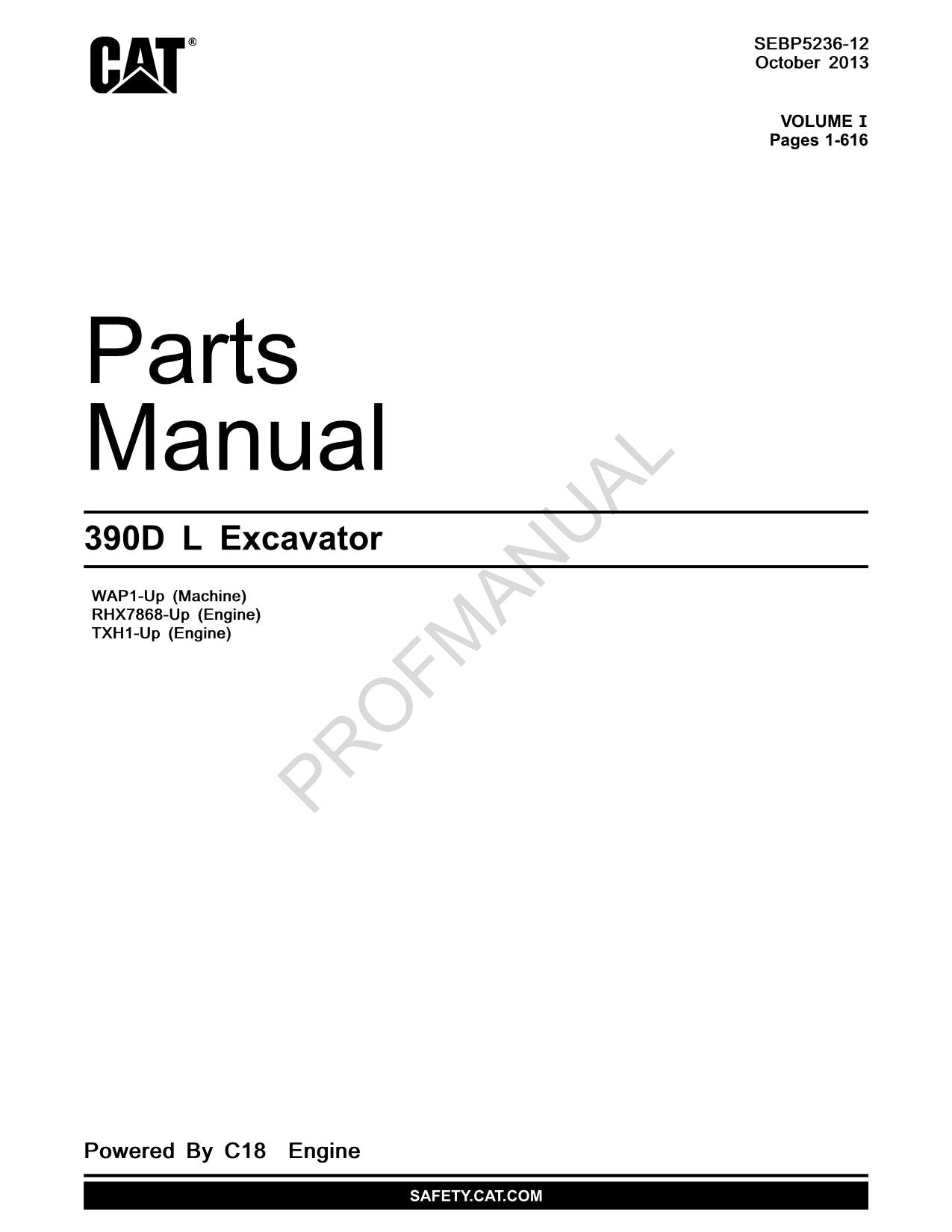 Caterpillar Cat 390D L Excavator Parts Catalog Manual RHX7868-Up WAP1-Up TXH1-Up