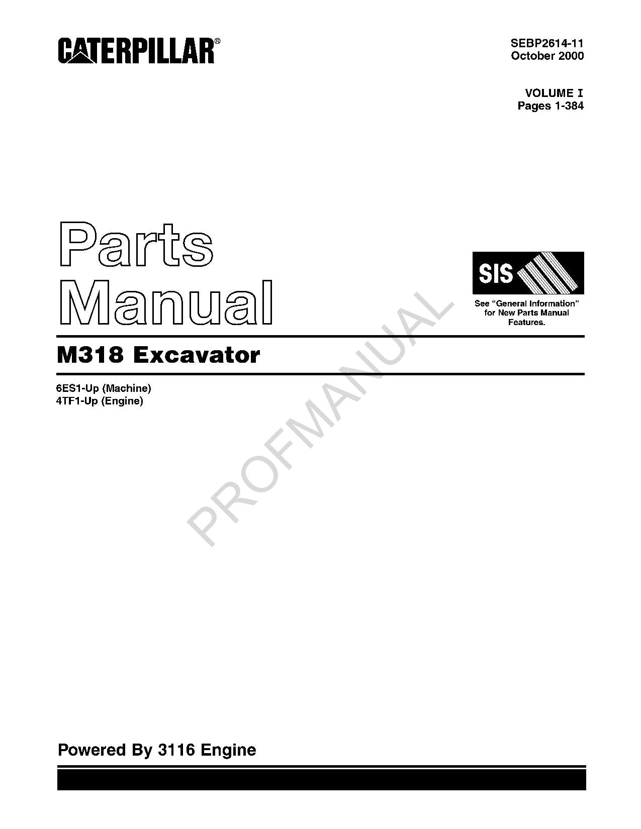 Caterpillar Cat M318 Excavator Parts Catalog Manual ser 6ES1-Up 4TF1-Up