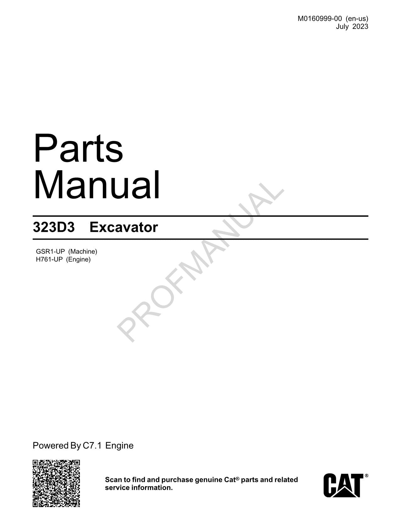 Caterpillar Cat 323D3 Excavator Parts Catalog Manual ser GSR1-UP H761-Up