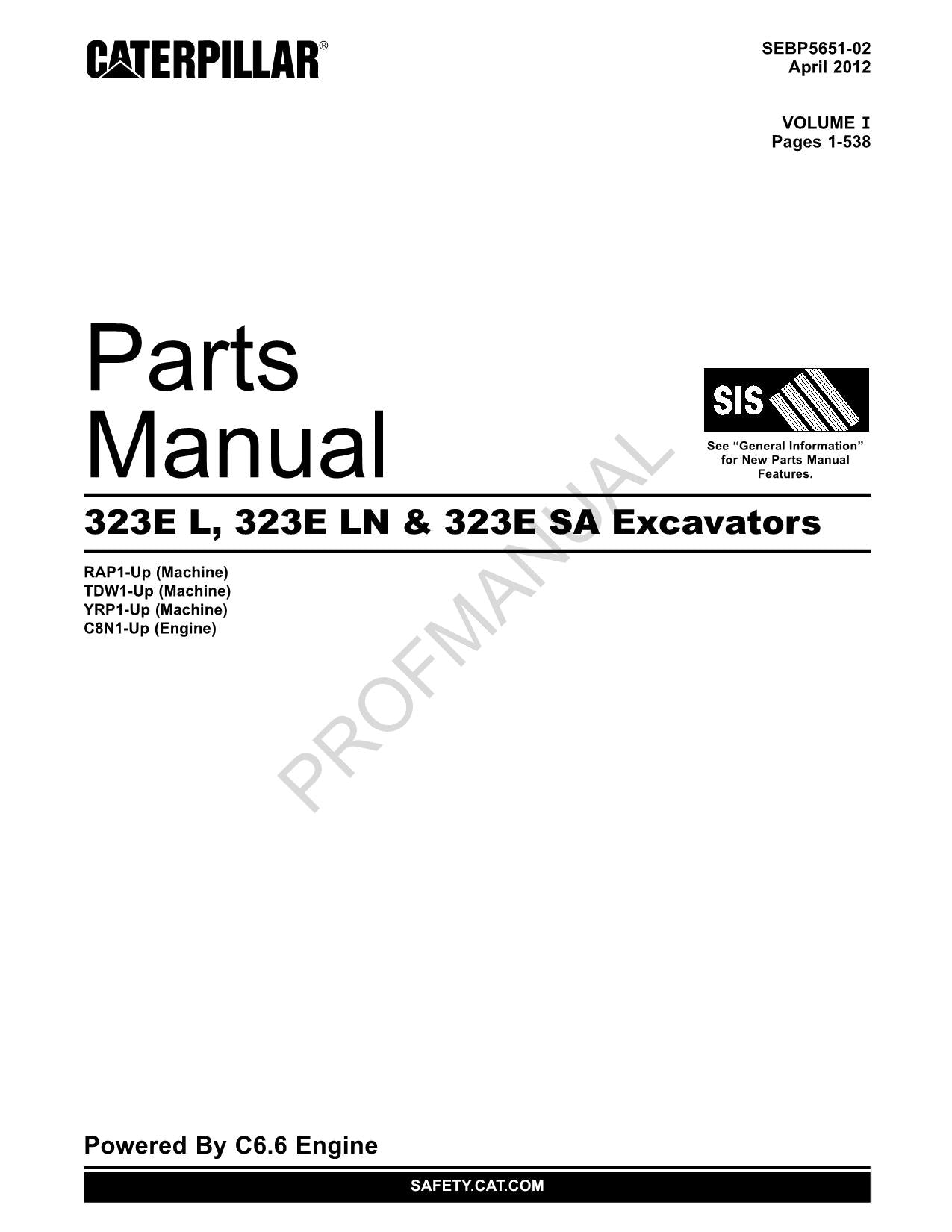 Caterpillar Cat 323E L 323E LN 323E SA Excavator Parts Catalog Manual