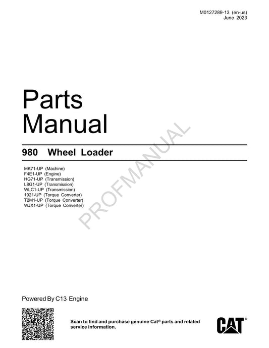 Caterpillar Cat 980 Wheel Loader Parts Catalog Manual M0127289