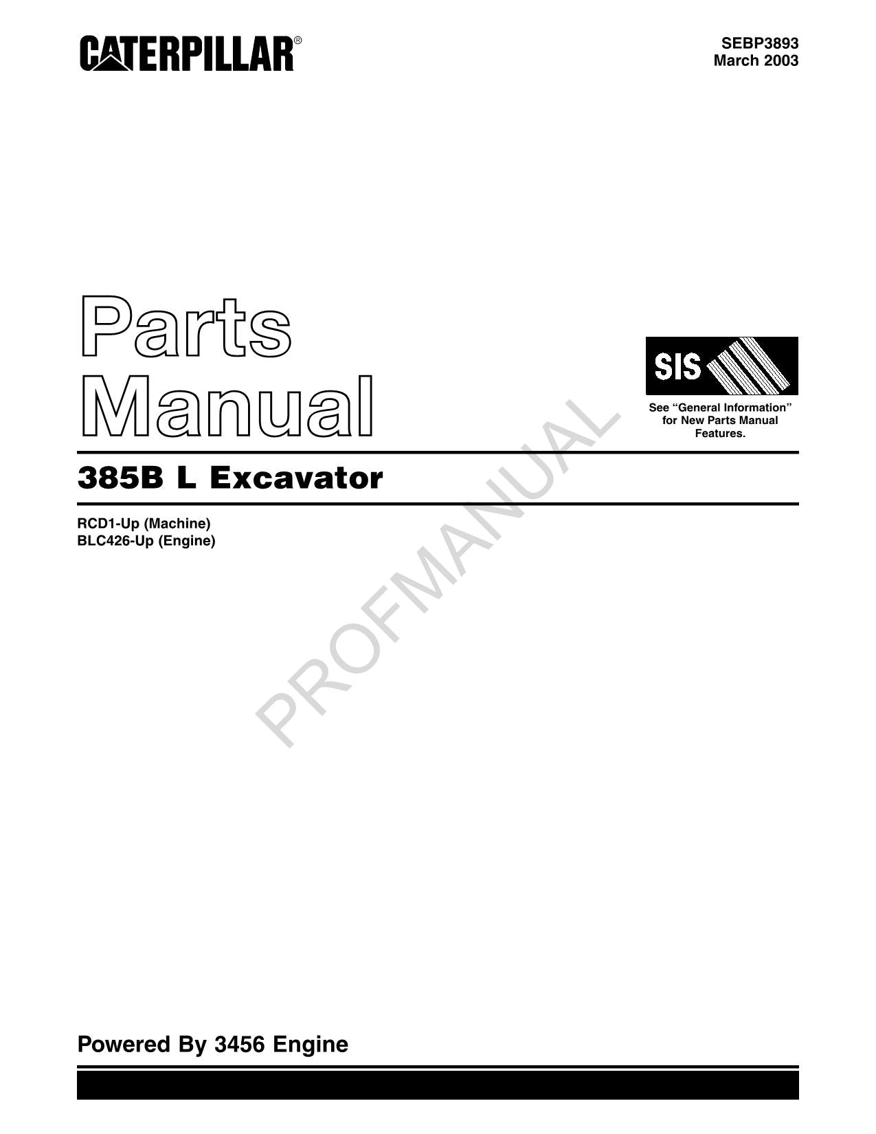 Caterpillar Cat 385B L Excavator Parts Catalog Manual