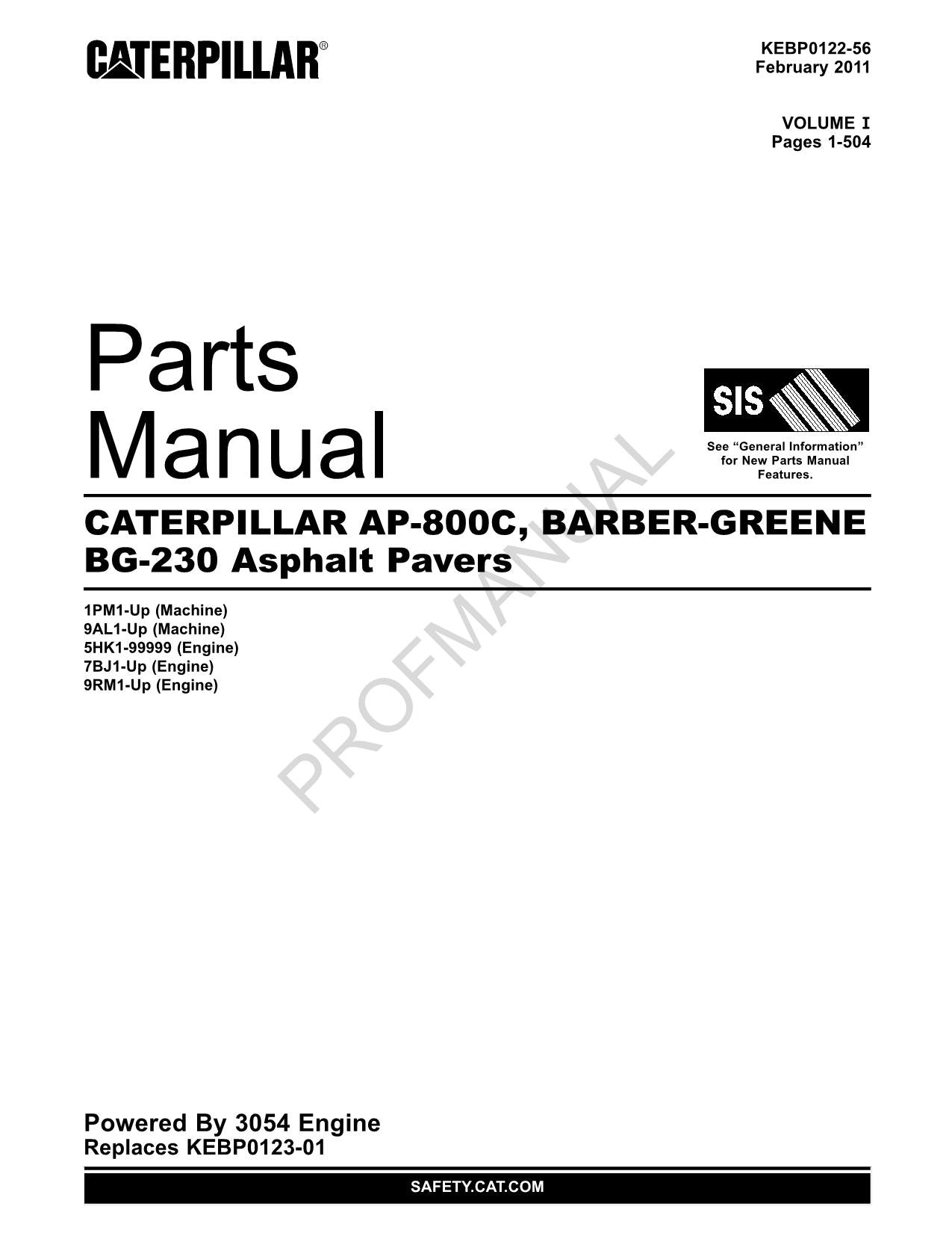 Caterpillar Cat AP 800C Barber Greene BG 230 Asphalt Paver Parts Catalog Manual