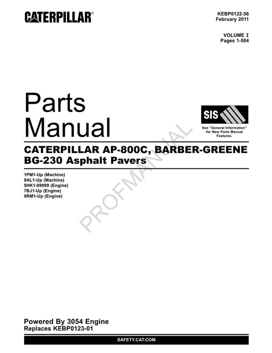 Caterpillar Cat AP 800C Barber Greene BG 230 Asphalt Paver Parts Catalog Manual