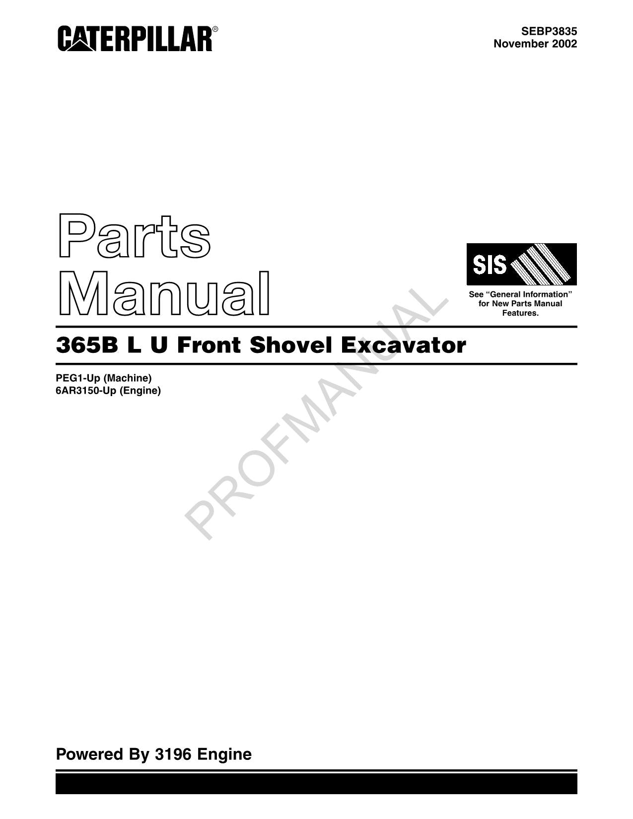 Caterpillar Cat 365B L U Front Shovel Excavator Parts Catalog Manual