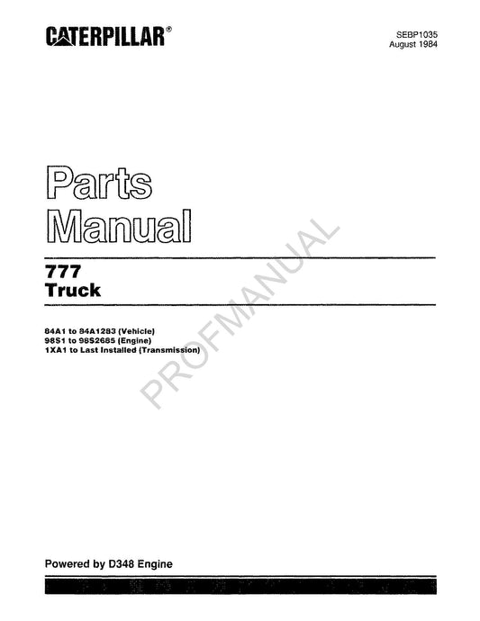 Manuel du catalogue des pièces détachées pour camions tout-terrain Caterpillar Cat 777 SEBP1035