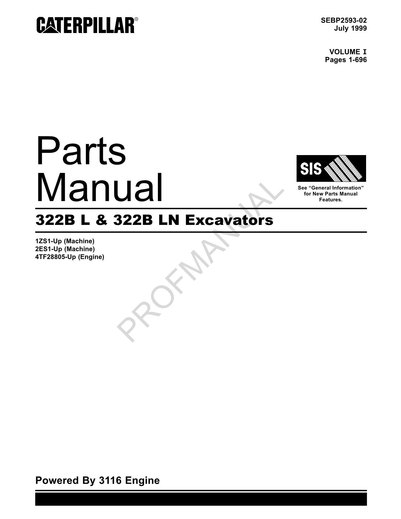 Caterpillar Cat 322B L 322B LN Excavator Parts Catalog Manual