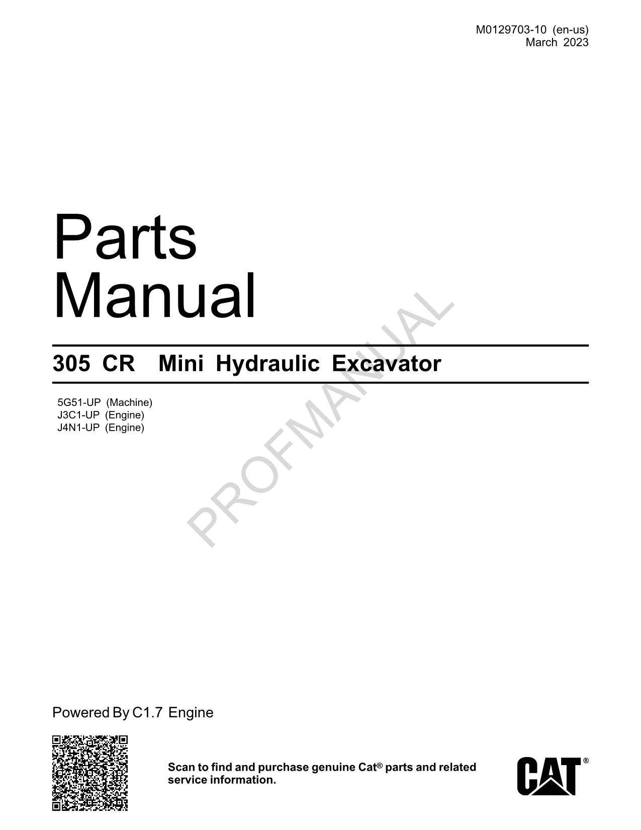 Caterpillar Cat 305 CR Mini-Hydraulikbagger – Ersatzteilkatalog, Handbuch M0129703