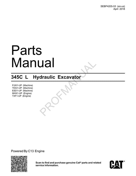 Caterpillar Cat 345C L Excavator Parts Catalog Manual SEBP4205