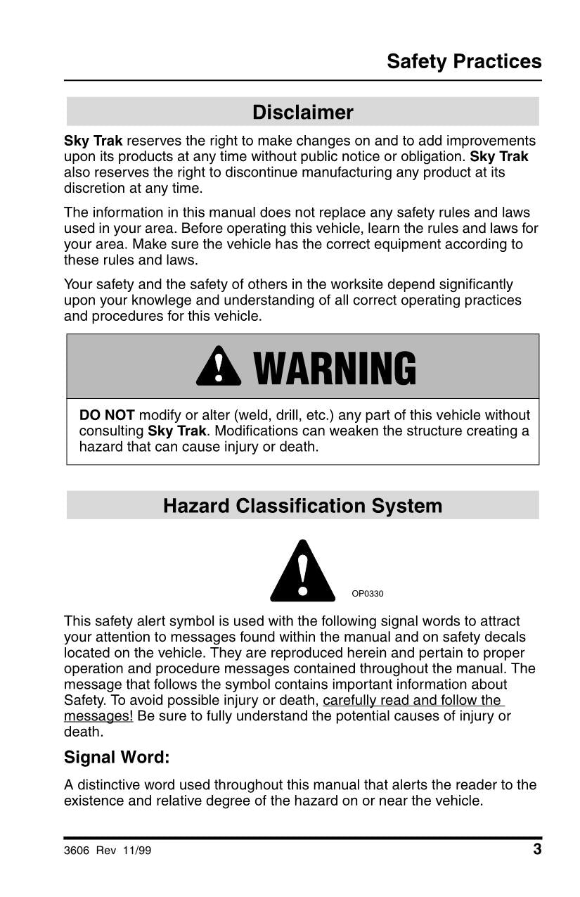 SKYTRAK 3606 Telehandler Maintenance Operation Operators Manual