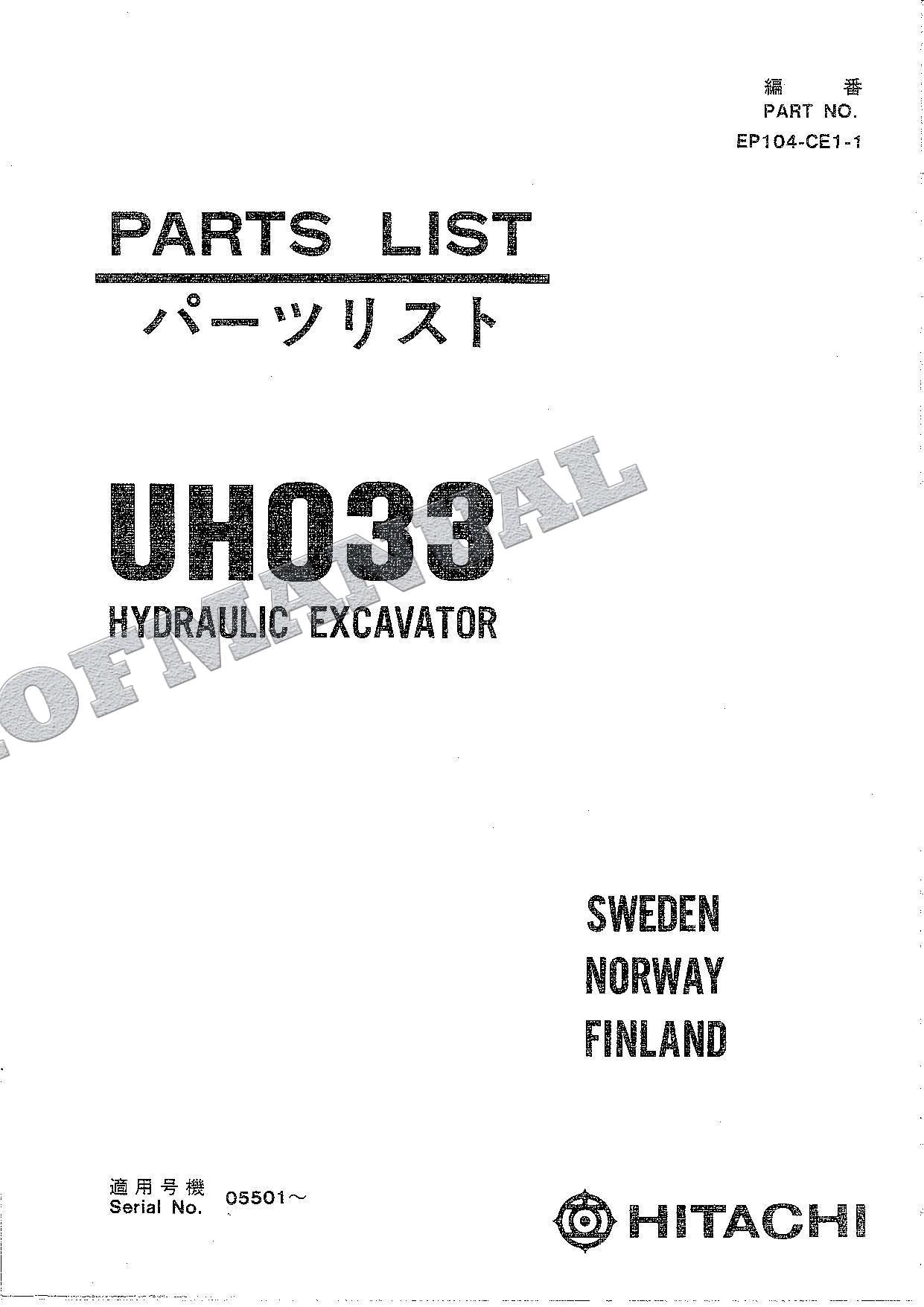 HITACHI UH033 SWEDEN NORWAY FINLAND Excavator Parts Catalog Manual