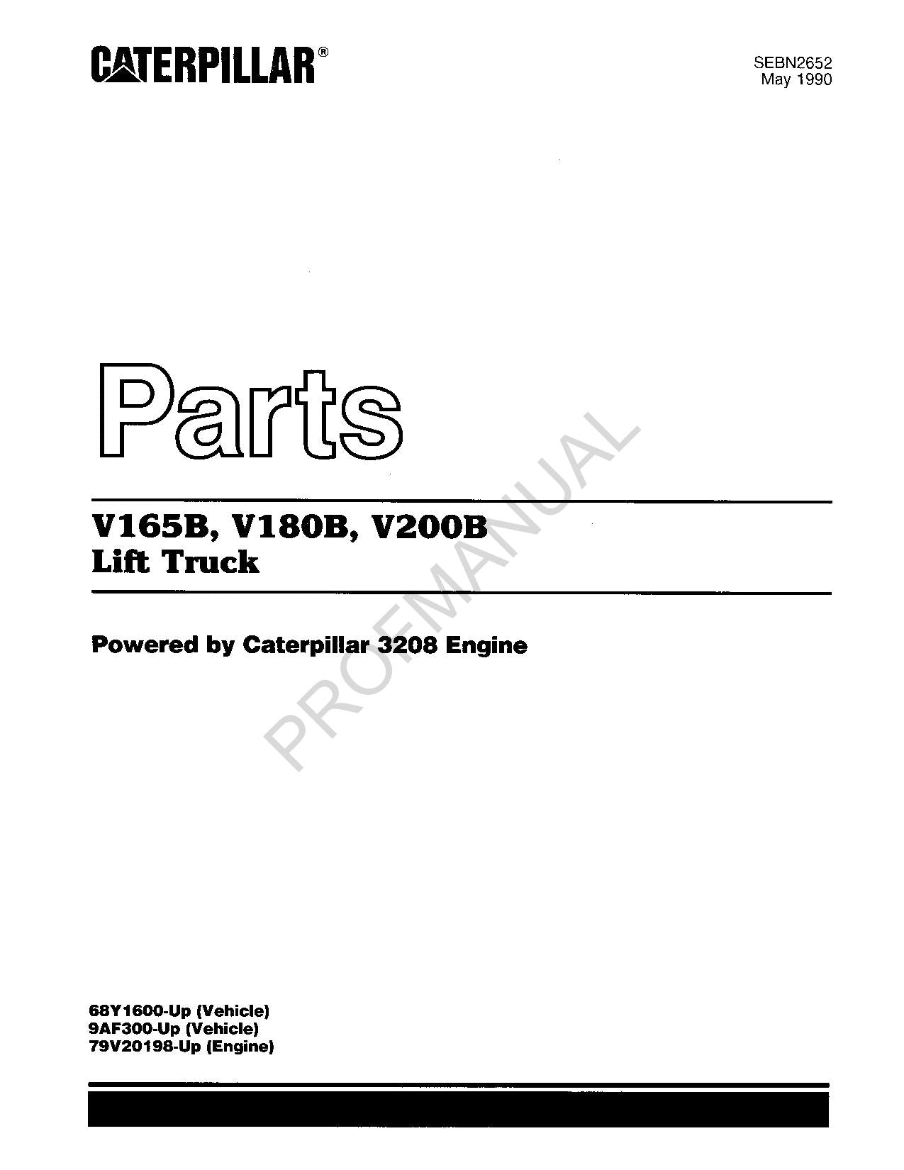 Caterpillar Cat V165B V180B Lift Truck Off Highway Tractor Parts Catalog Manual