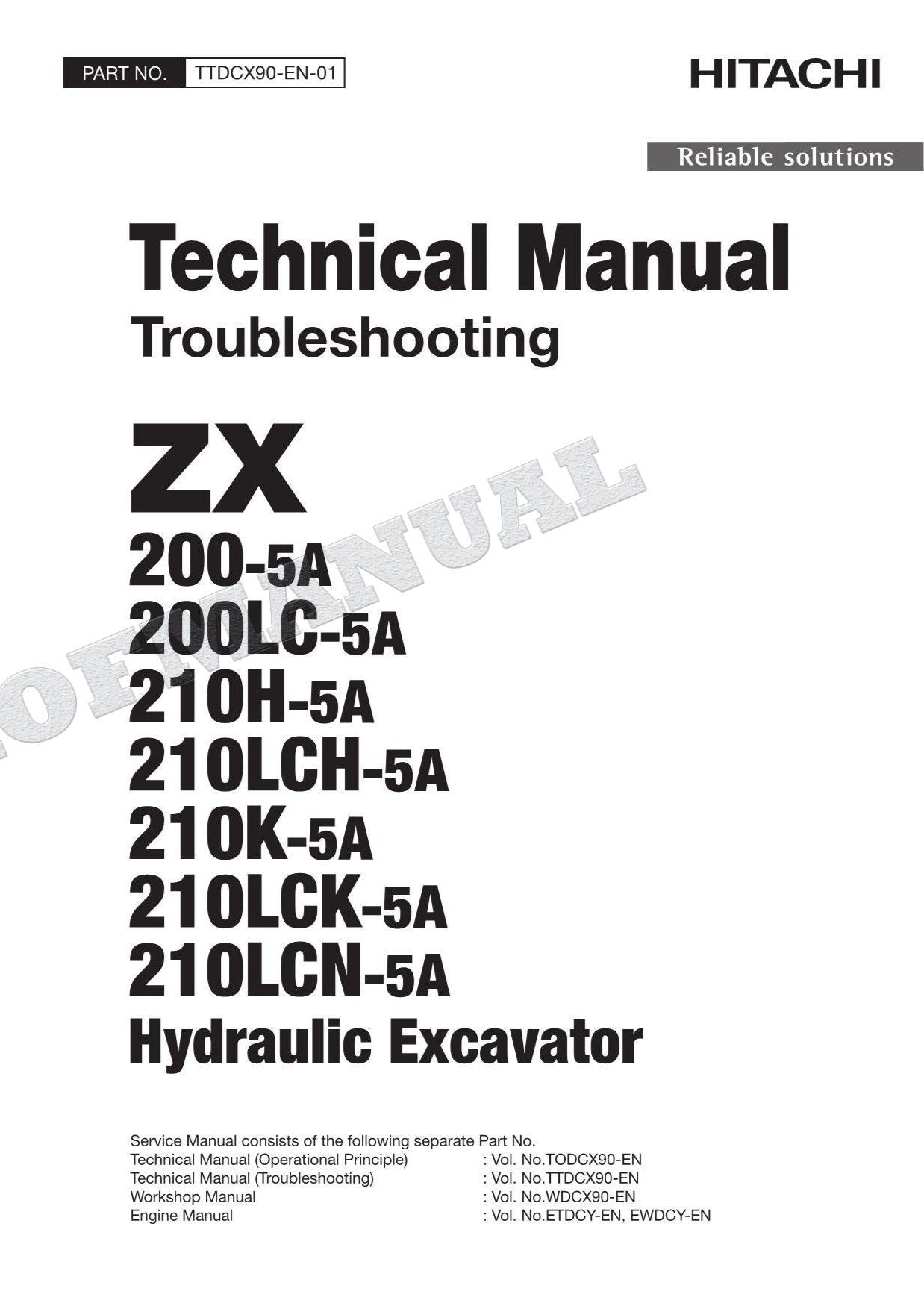 HITACHI ZX200-5A ZX200LC-5A ZX210H-5A Excavator Service Manual Troubleshooting