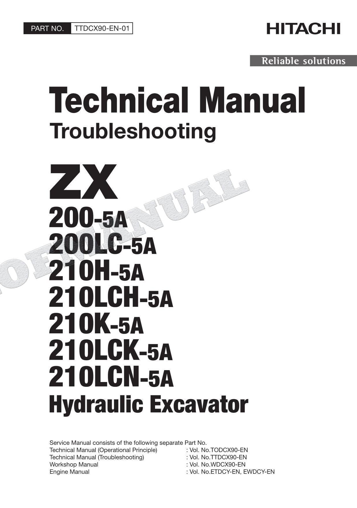 HITACHI ZX210LCH-5A ZX210K-5A Excavator Service Manual Troubleshooting