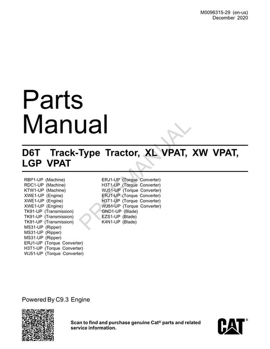 Caterpillar Cat D6T Track Type Tractor Parts Catalog Manual M0096315