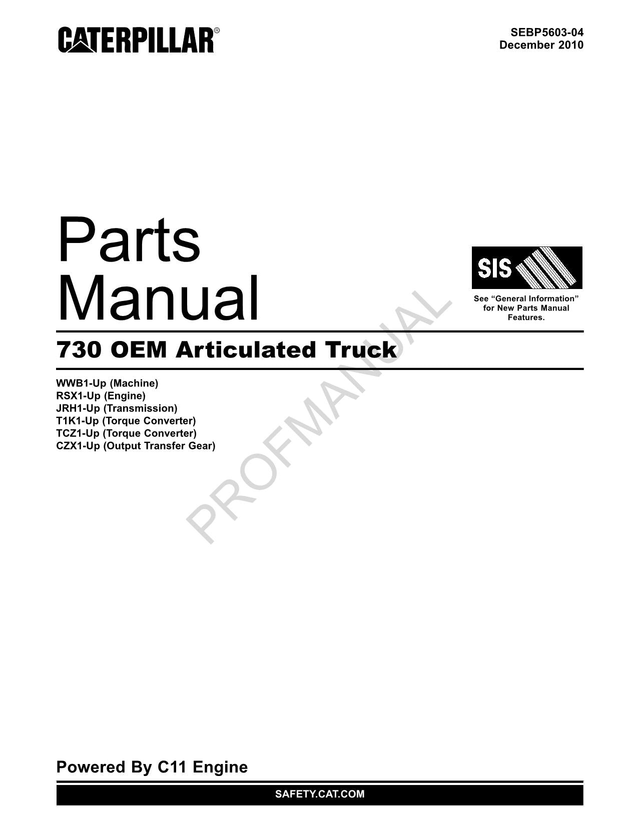 Caterpillar Cat 730 OEM Articulated Truck Parts Catalog Manual