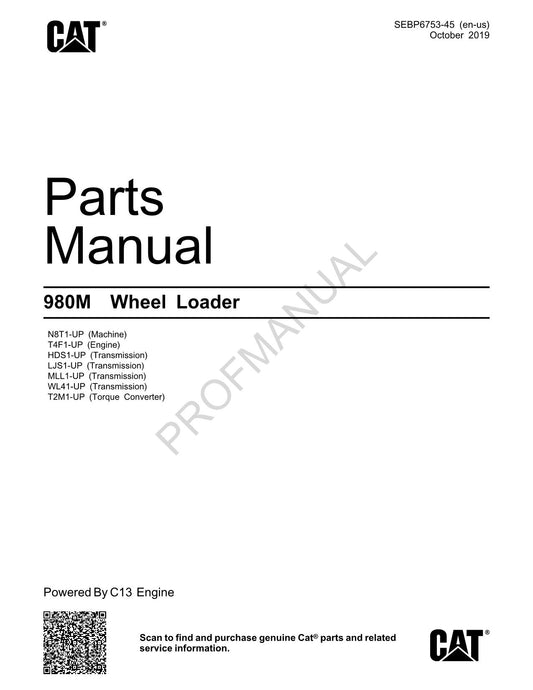 Caterpillar Cat 980M Wheel Loader Parts Catalog Manual SEBP6753