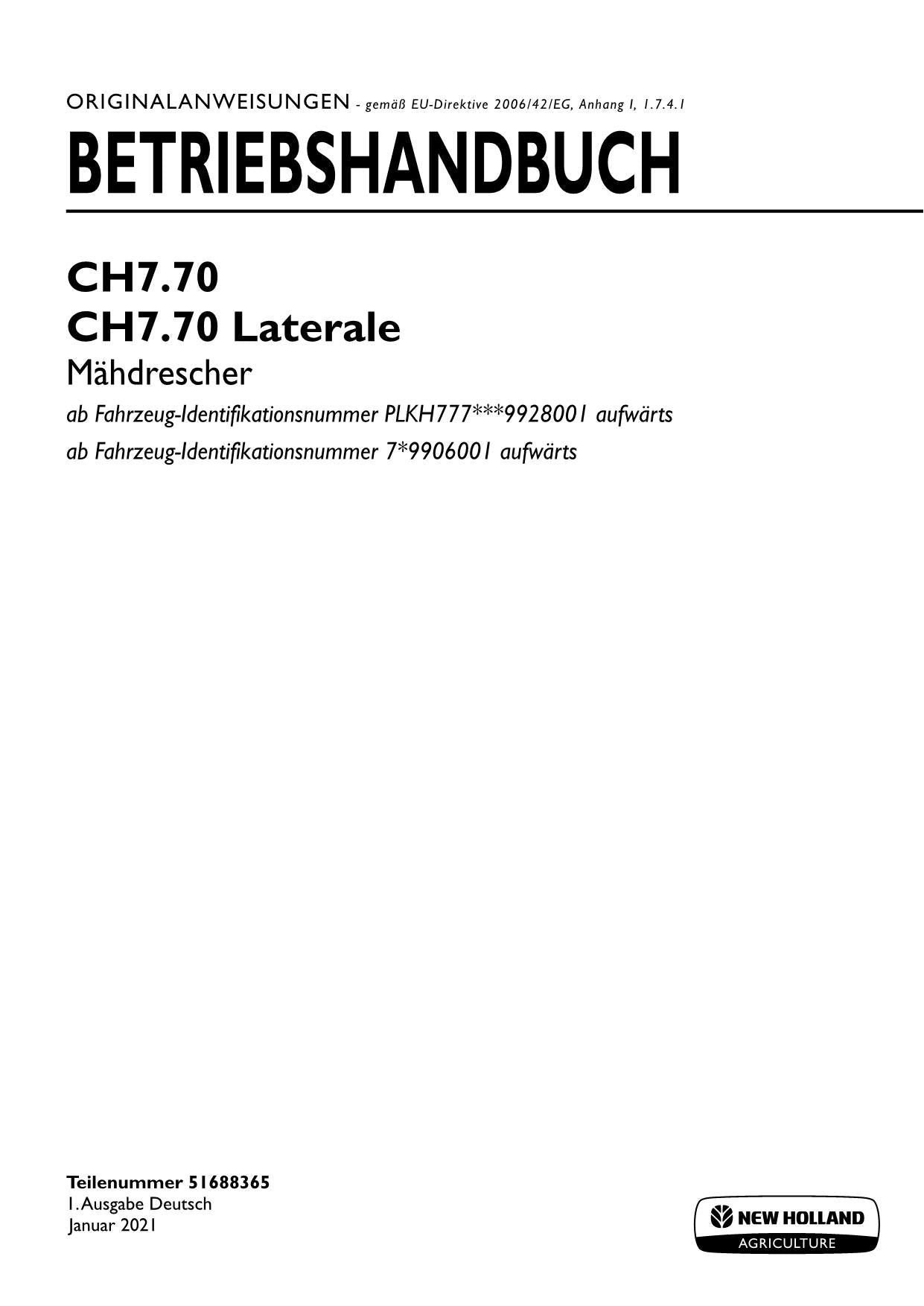 New Holland CH7 70 CH7 70 Manuel d'instructions latéral 51688365