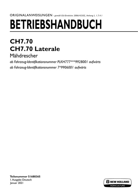 New Holland CH7 70 CH7 70 Manuel d'instructions latéral 51688365