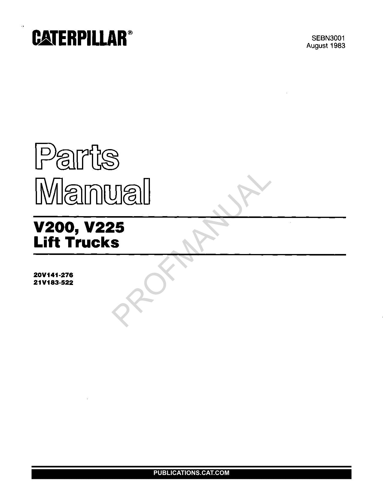 Manuel du catalogue des pièces détachées pour camions élévateurs Caterpillar Cat V200 V225