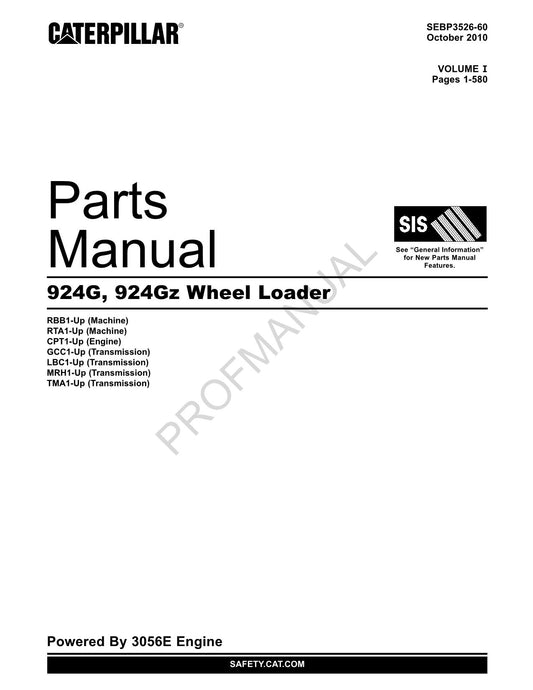 Caterpillar Cat 924G 924Gz Wheel Loader Parts Catalog Manual SEBP3526