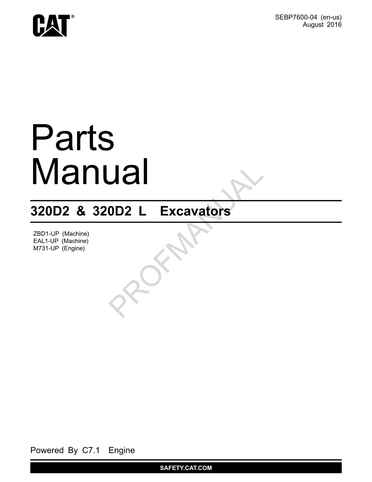 Caterpillar Cat 320D2 320D2 L Excavator Parts Catalog Manual SEBP7600