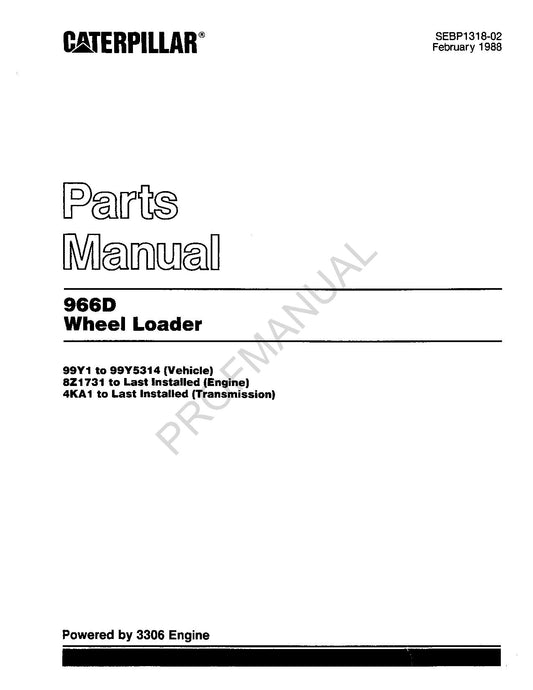 Caterpillar Cat 966D Wheel Loader Parts Catalog Manual SEBP1318