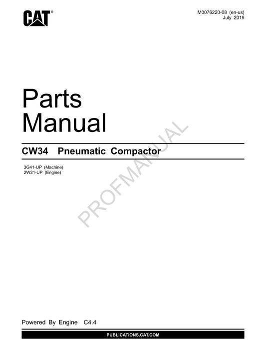 Caterpillar Cat CW34 Pneumatic Compactor Parts Catalog Manual M0076220