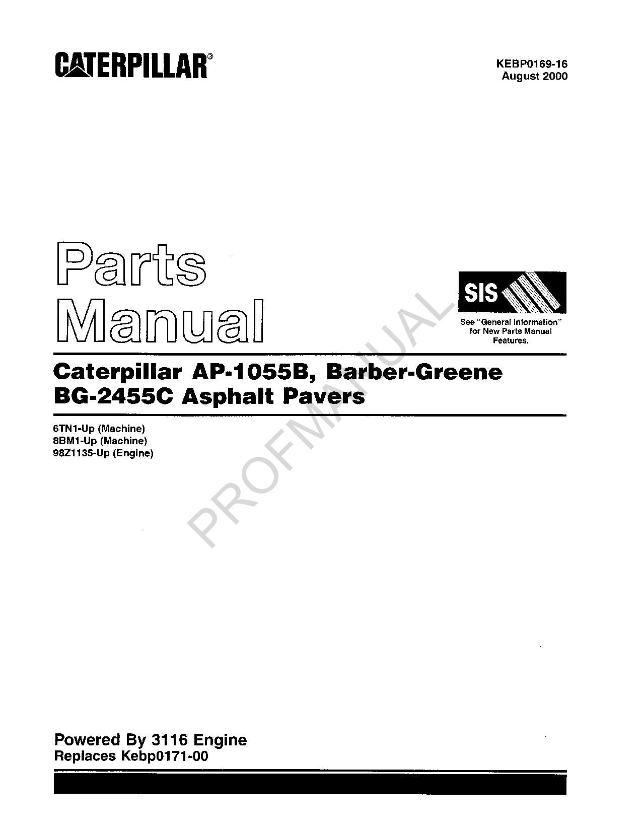 Caterpillar AP 1055B Barber Greene BG 2455C Asphalt Paver Parts Catalog Manual