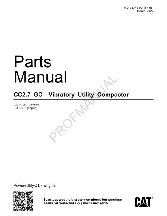 Caterpillar Cat CC2.7 GC Vibratory Utility Compactor Parts Catalog Manual