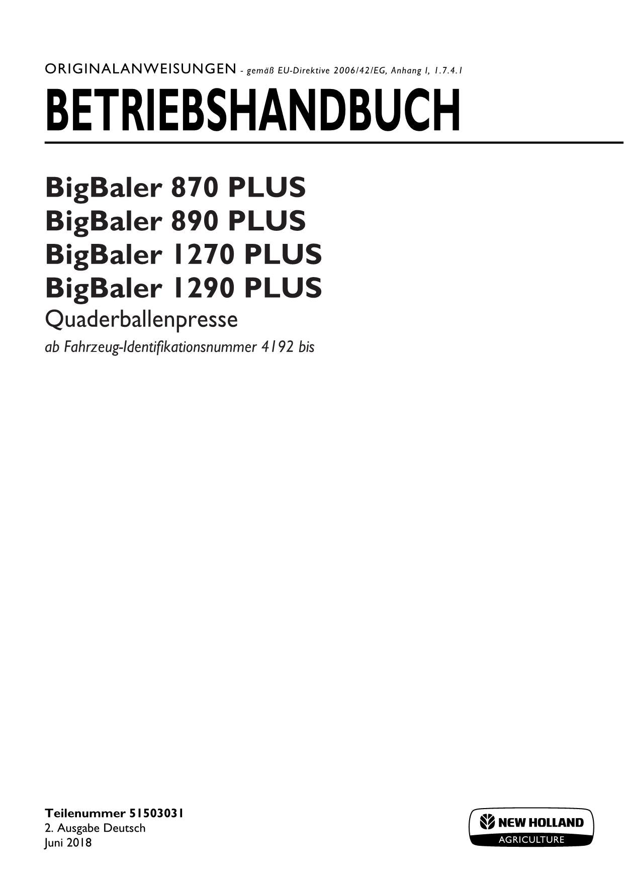 New Holland BigBaler 870 PLUS 890 1270 1290 Quaderballenpresse Manuel d'instructions