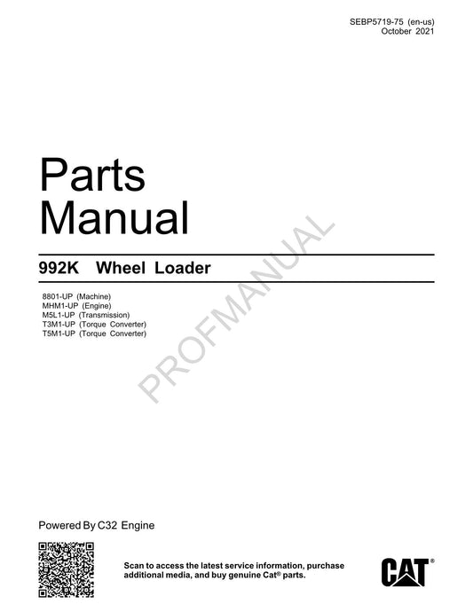 Caterpillar Cat 992K Wheel Loader Parts Catalog Manual SEBP5719