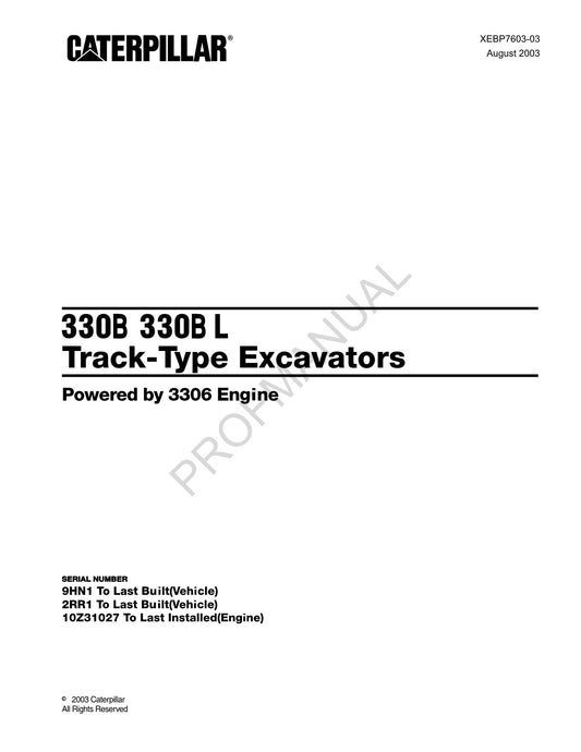 Caterpillar Cat 330B 330B L Track Type Excavator Parts Catalog Manual XEBP7603