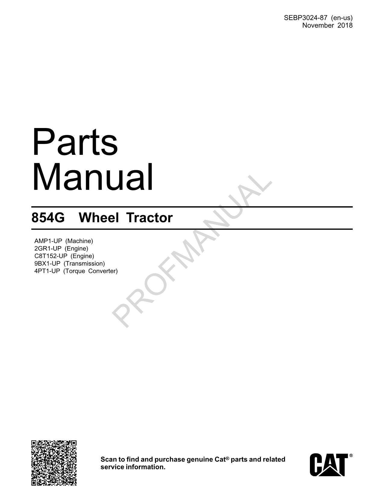 Caterpillar Cat 854G Wheel Tractor Parts Catalog Manual