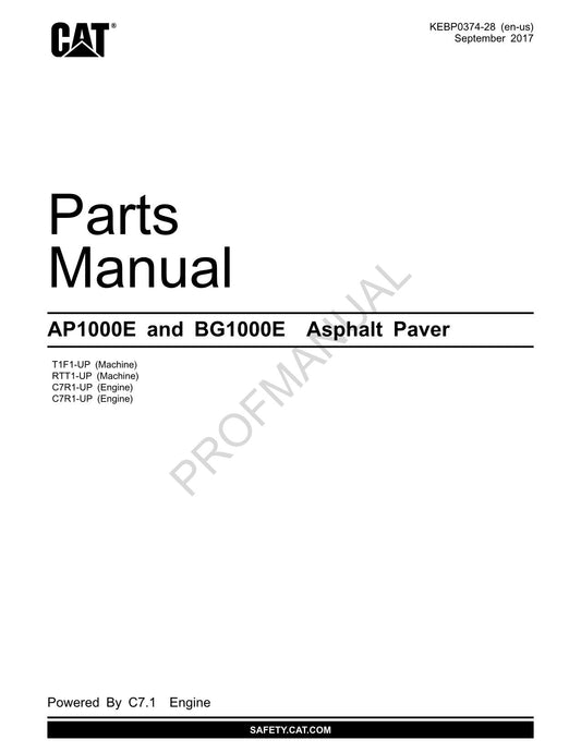 Caterpillar Cat AP1000E BG1000E Asphalt Paver Parts Catalog Manual