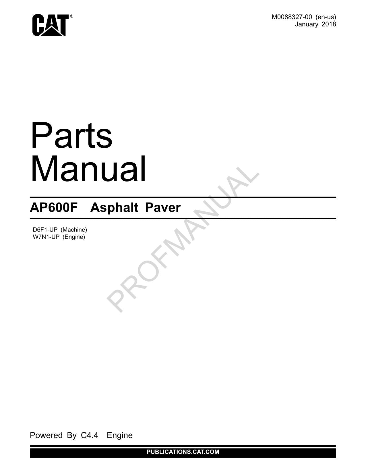 Caterpillar Cat AP600F Asphalt Paver Parts Catalog Manual D6F1-up W7N1-UP