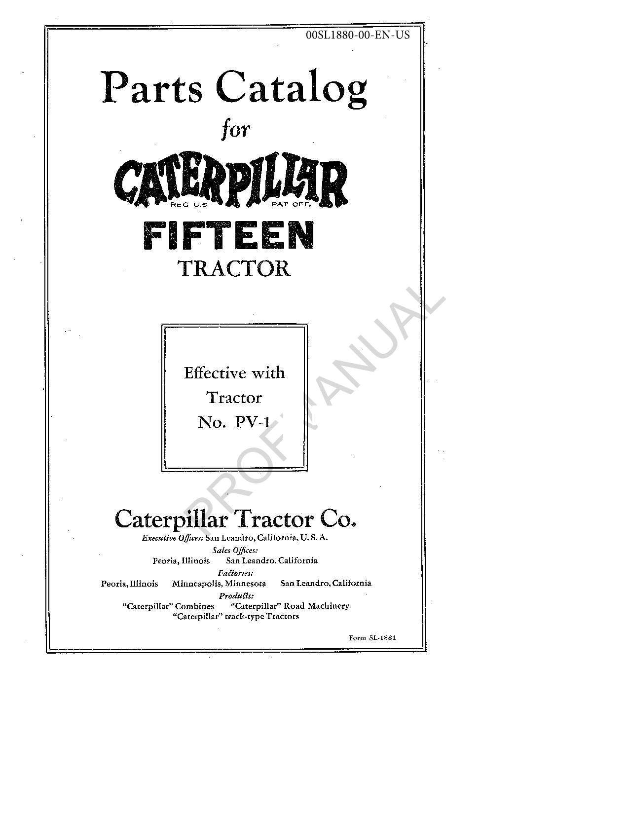 Caterpillar Cat Fifteen Tractor Parts Catalog Manual ser PV-1