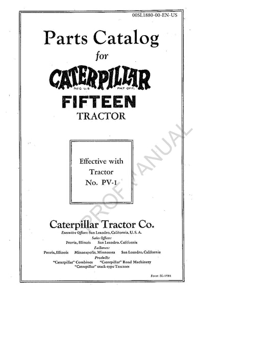 Caterpillar Cat Fifteen Tractor Parts Catalog Manual ser PV-1