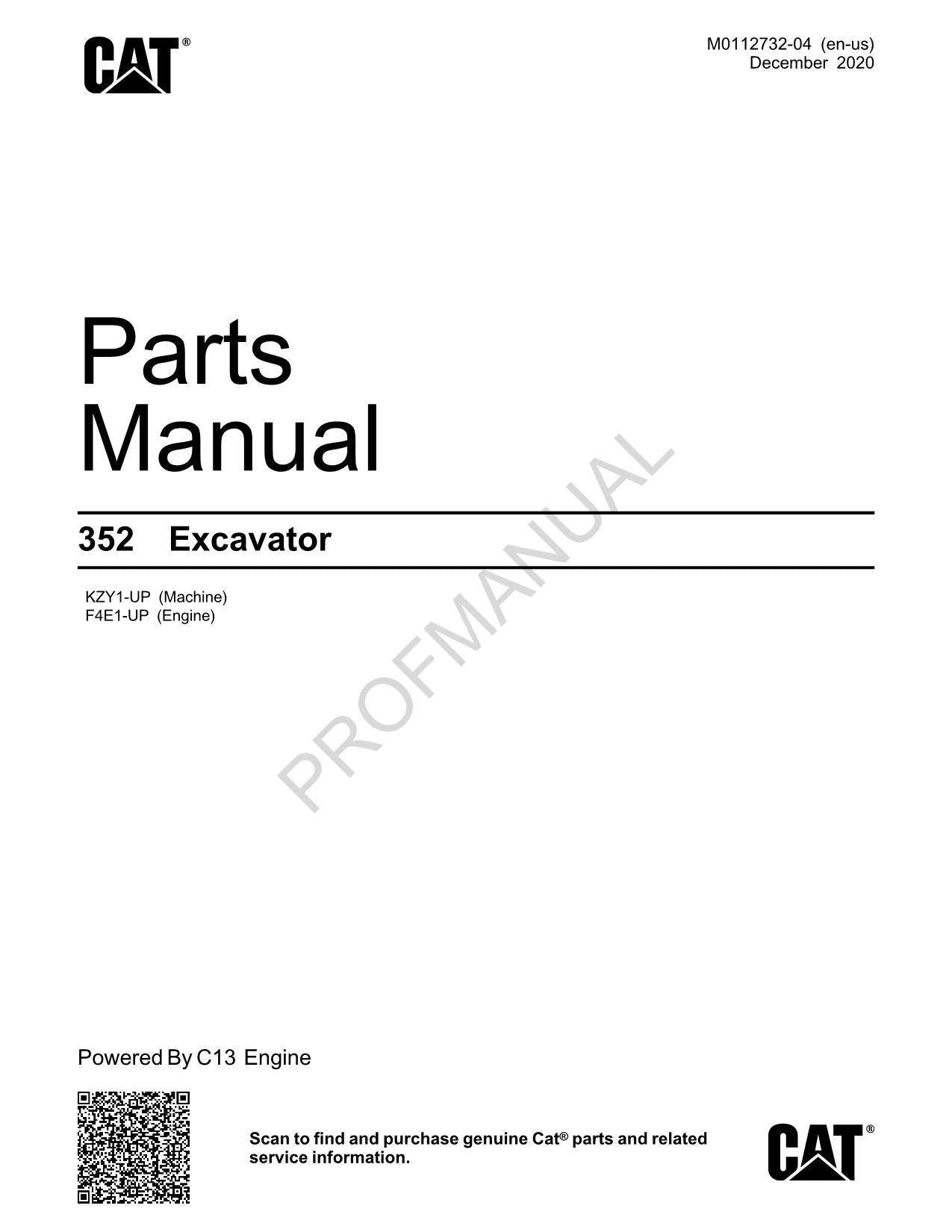 Caterpillar Cat 352 Excavator Parts Catalog Manual ser KZY1-Up F4E1-Up