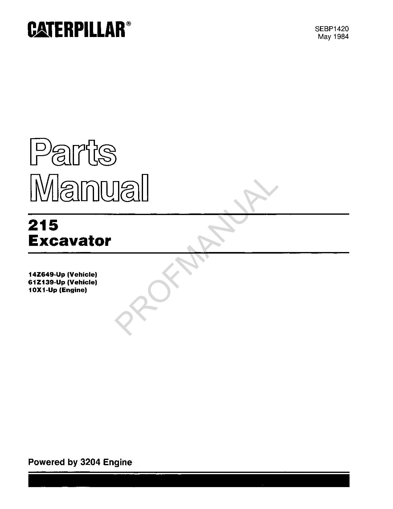 Caterpillar Cat 215 Excavator Parts Catalog Manual 10X1-Up 61Z139-Up 14Z649-Up