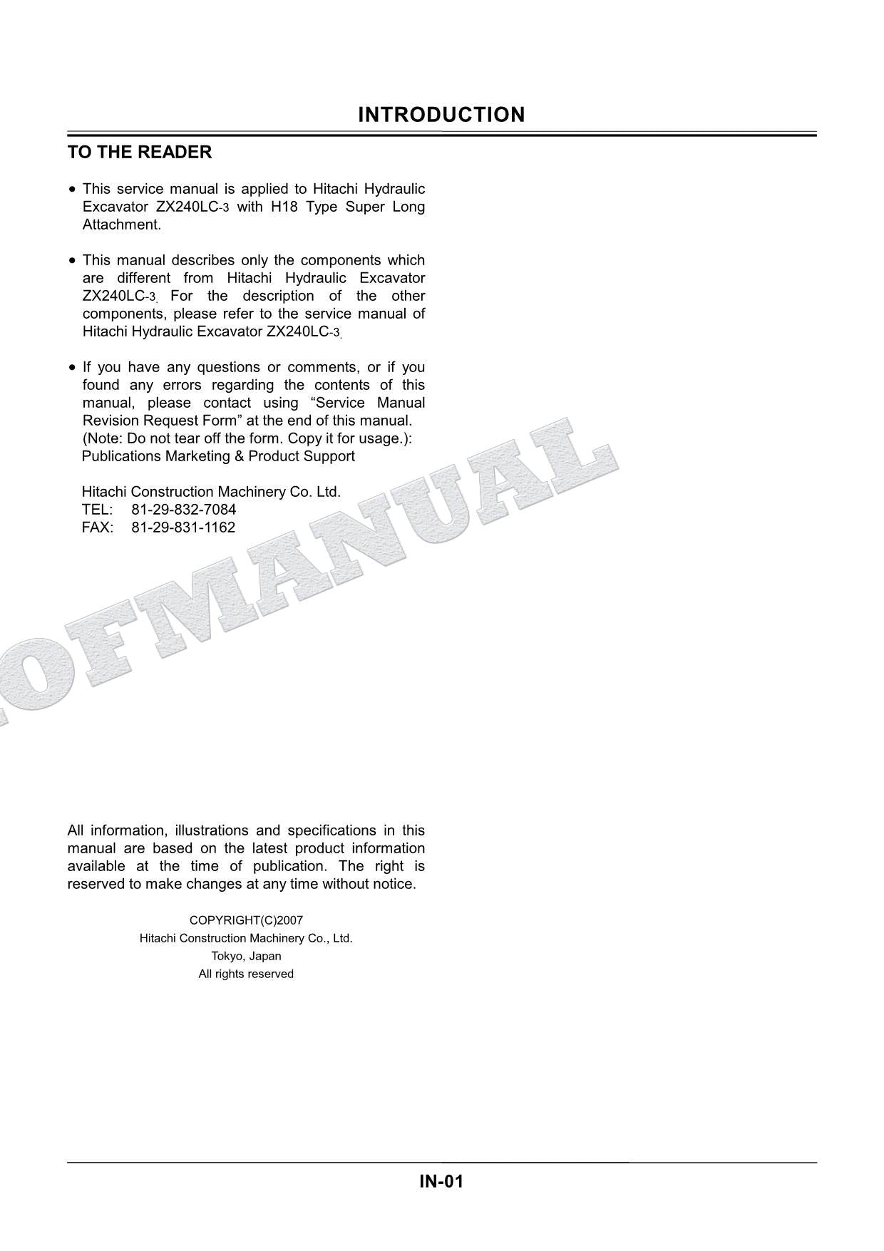 HITACHI ZX240LC-3 Excavator Super Long Front H18 Service Manual