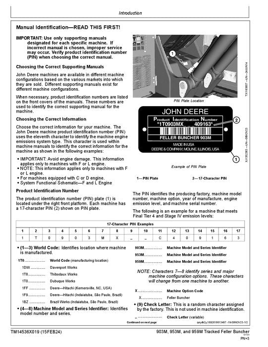 JOHN DEERE 903M 953M 959M BUNCHER OPERATION TEST TECHNICAL MANUAL TM14536X019